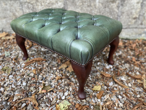 Buttoned Top Green Leather Queen Anne Stool