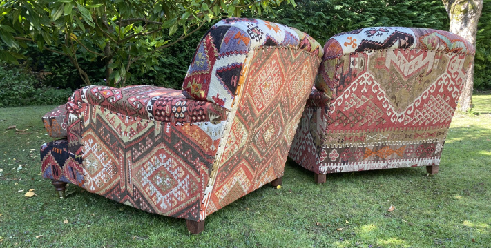 Kilim Upholstered Pair of Lansdown Club Chairs